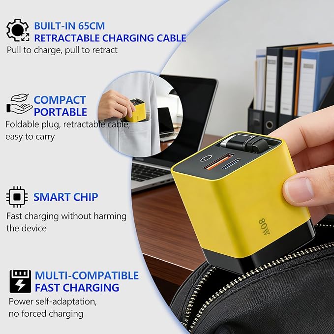 80W USB-C Retractable Fast Charger, PD Wall Charger with Built-in Retractable USB-C Cable, Portable Power Adapter for iPhone 17 Pro Max/16/15, Samsung, iPad, MacBook Air & USB-C Devices (Yellow, 10)