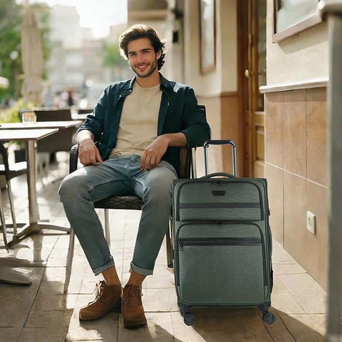 KROSER Softside Expandable checked Luggage with Front Business Pockets,24 Inch Suitcases with Spinner Wheels & Built-in TSA Lock, Durable Suitcase Rolling Luggage, Army Green