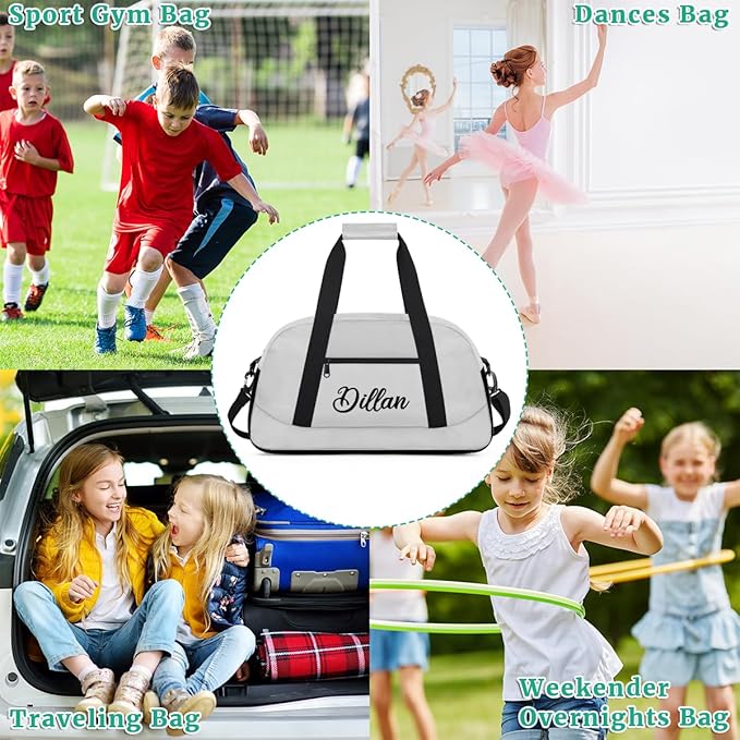 Custom Name Gym Duffel for Kids,Personalized Sports Bag Lightweight Gym Bags for Boys & Girls,Fitness Travel Weekender for Travel, and Workout Light Gray