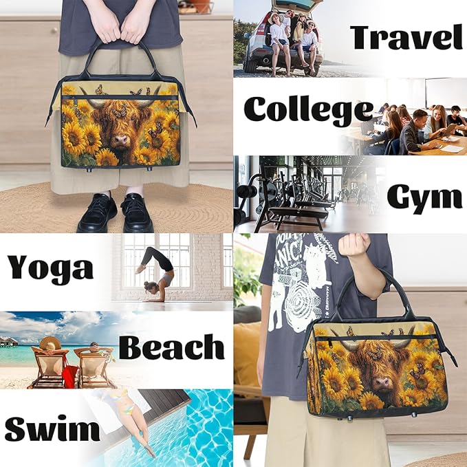 Sunflower Cow Butterfly Travel Duffel Bag, Waterproof Sports Gym Duffle Bag, Large Capacity Weekender Carry On Overnight Bags for Women Men