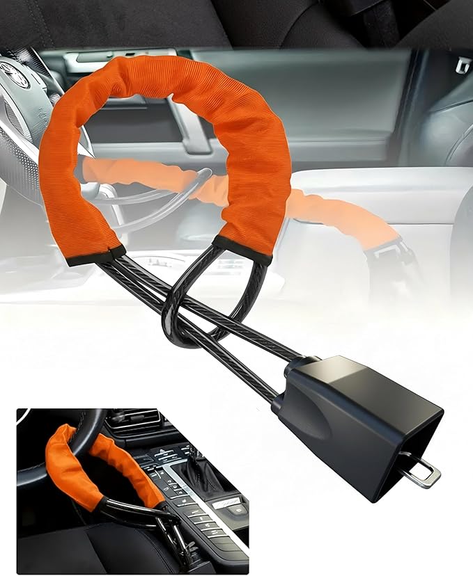 Car Steering Wheel Lock,Theft Prevention Device Seat Belt Lock Quick Install,3 Keys Included (Orange)