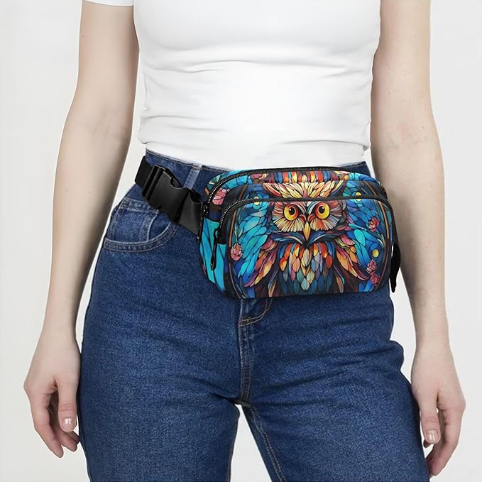 Stained Glass Printed Owl Fanny Pack for Women Men Water Resistant Fashion Waist Packs with Adjustable Strap Belt Bag for Travel Workout Jogging Hiking 21219631
