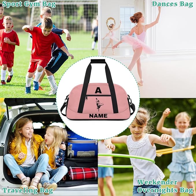 Personalize-Kids-Sports-Duffel-Bags With Custom Name Text Carry-On Overnight Travel Gym Lightweight Dance Pattern Sports Bags For Girls Boys Kids,Pink 3