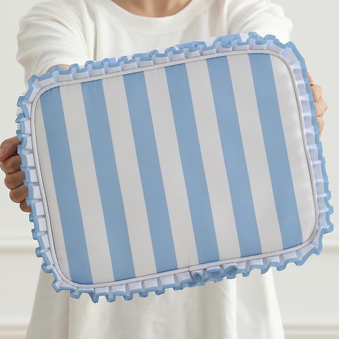 Stripe Ruffle Makeup Bag,Large Travel Cute Cosmetic Bag for Women Girls,Toiletry Bag Make up Organizer 10.8 x 4.5 x 8 inch (Blue Stripe)