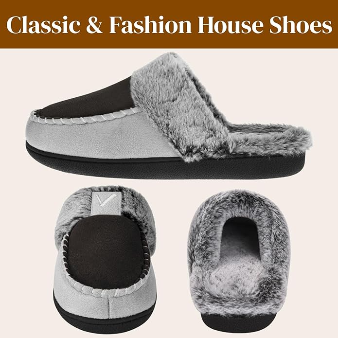 VONMAY Women's Memory Foam Slippers Moccasin Slip-on Scuff House Shoes Fuzzy Faux Fur Lining Indoor Outdoor for All Seasons