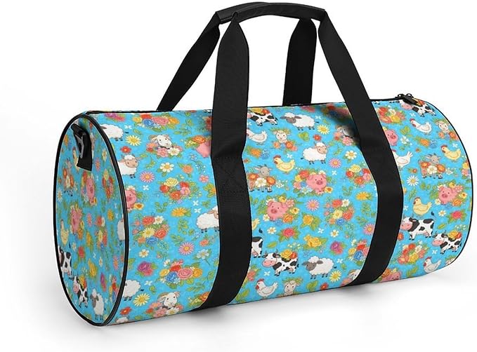 Foldable Gym Bag Farm Animals Cow Sheep Goat Chick Floral Lightweight Travel Sports Bag Carry On Weekender Overnight Bags Beach Yoga Bags