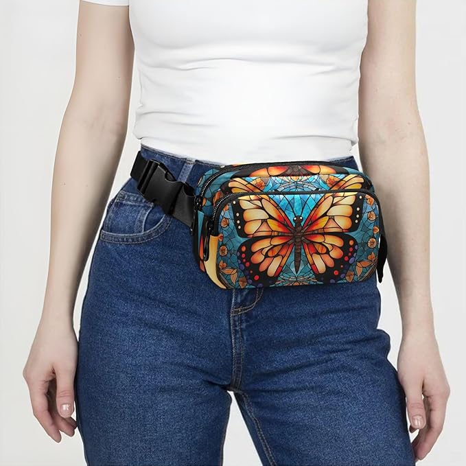 Stained Glass Printed Butterfly Fanny Pack for Women Men Water Resistant Fashion Waist Packs with Adjustable Strap Belt Bag for Travel Workout Jogging Hiking 21219617