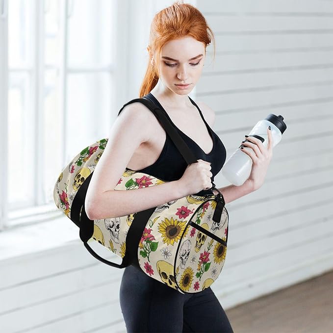 MNSRUU Sports Duffel Bags, Gothic Skull Sunflower Athletic Gym Bag Overnight Workout Travel Tote Luggage for Men Women Yoga