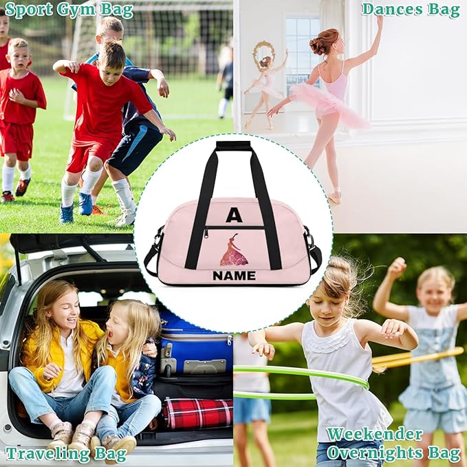 Personalize-Kids-Sports-Duffel-Bags With Custom Name Text Carry-On Overnight Travel Gym Lightweight Dance Pattern Sports Bags For Girls Boys Kids,Pink 2