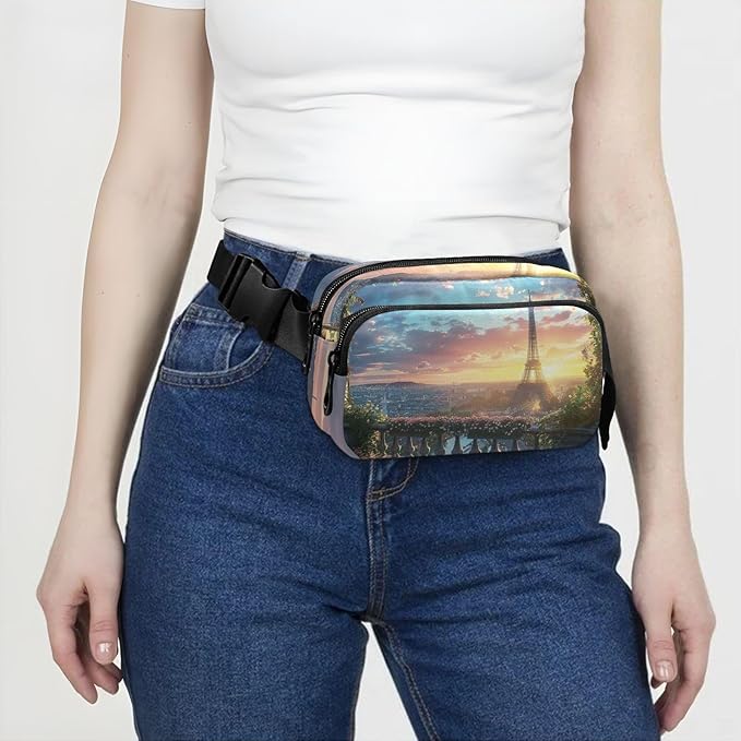Paris Balcony View Eiffel Tower Fanny Pack for Women Men Water Resistant Fashion Waist Packs with Adjustable Strap Belt Bag for Travel Workout Jogging Hiking 21220606