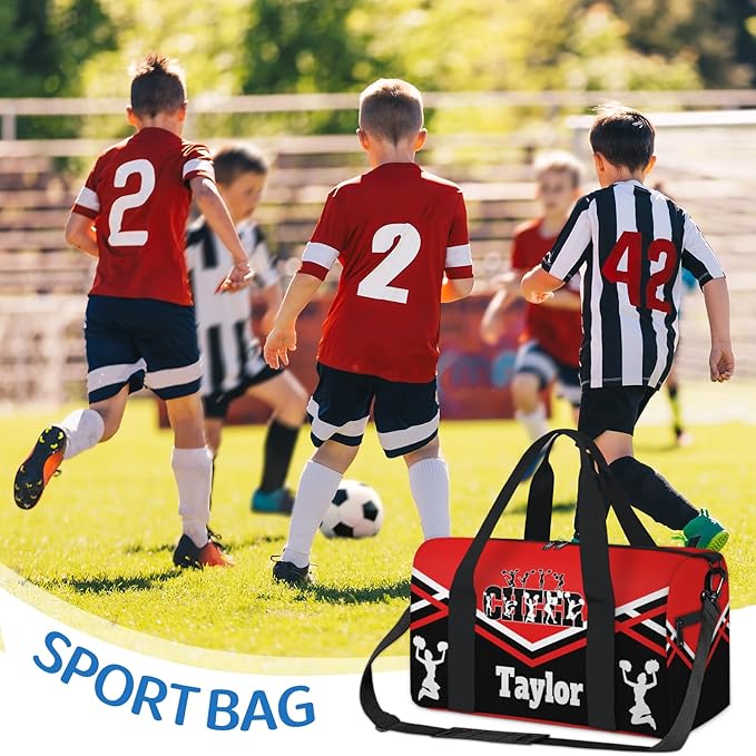 Custom Name Sports CHEER Bag for Teens, Personalized Gym Travel Weekender Tote Carry-On Bag, Red with Black Cheerleader Team