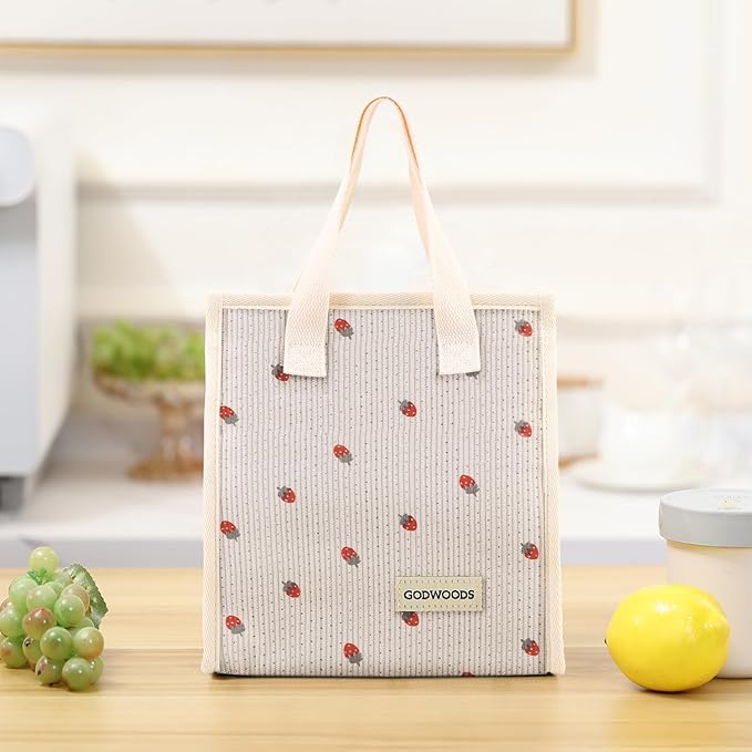 TELLUMO Corduroy Lunch Bag for Women Men Cute Lunch Bag Insulated Lunch Box with Large Capacity (7.5L) Reusable Lunchbag for Work, Picnic, Beach or Travel (S- Corduroy Strawberry)