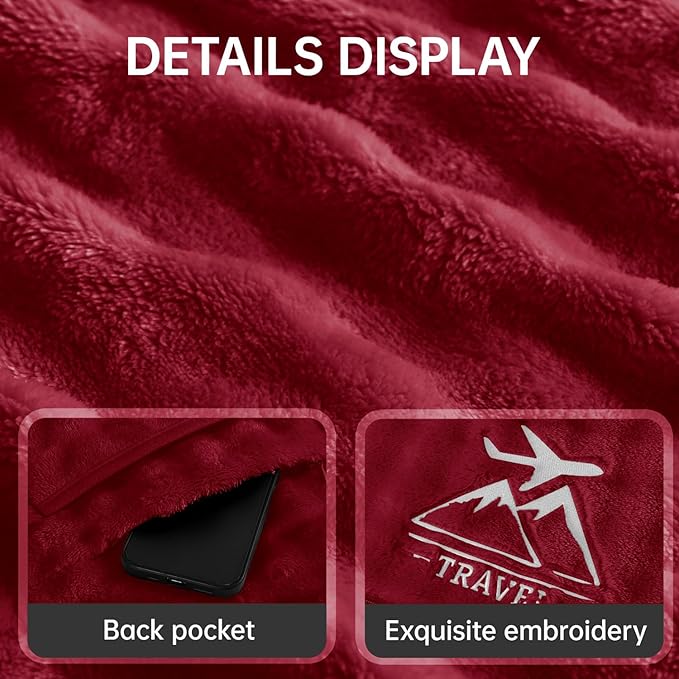 Travel Blanket and Pillow-2-in-1, Ultra-Soft&Compact,Airplane Blanket with Hand Luggage Belt and Backpack Clip,Travelers Accessories Gifts, 61x43 Inches(Burgundy)