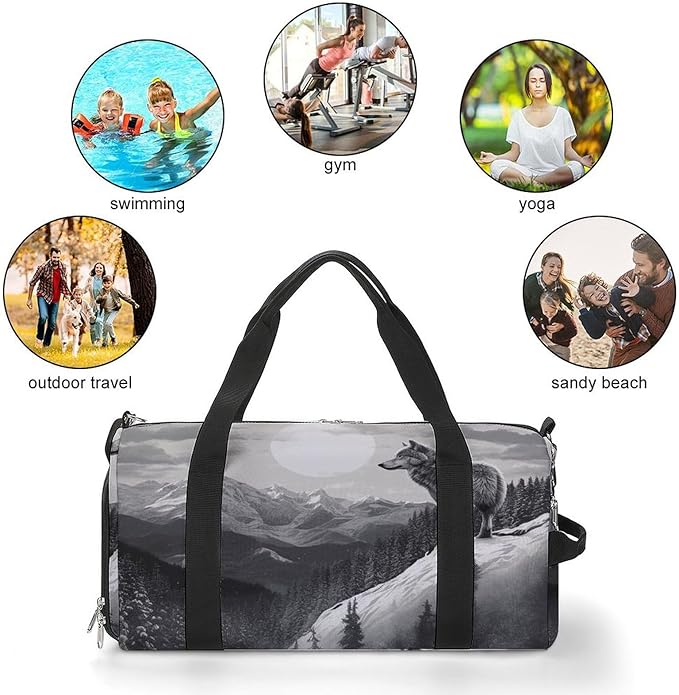 Snow Mountain Lone Wolf Gym Bag Lightweight ,Travel Duffle Bag with Shoe Compartment,Gym Bag for Women for Overnight, Weekend, Yoga, Gym, Business Trips, Sport And Hospital.