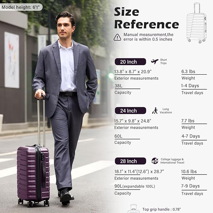 Coolife Expandable Large Checked Luggage with Spinner Wheels, Hard Shell Suitcase TSA Lock Rolling Travel Luggage 28-inch,Purple