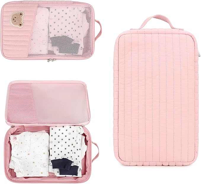 MOMIGO Baby Diaper Bag Organizer Pouches - 2 Pack Waterproof Pod Hanging Diaper Bag Cute Rabbit Bear Mesh Bag Reusable, Washable or Baby Cloth Diapers (Pink)