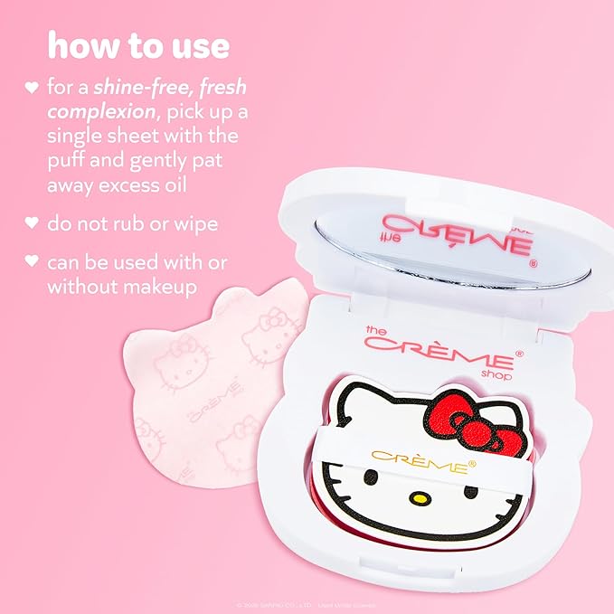 The Crème Shop x Hello Kitty Mattifying Green Tea Blotting Paper with Mirror and Puff, Absorb Excess Oil, Makeup-Friendly (100 Sheets)