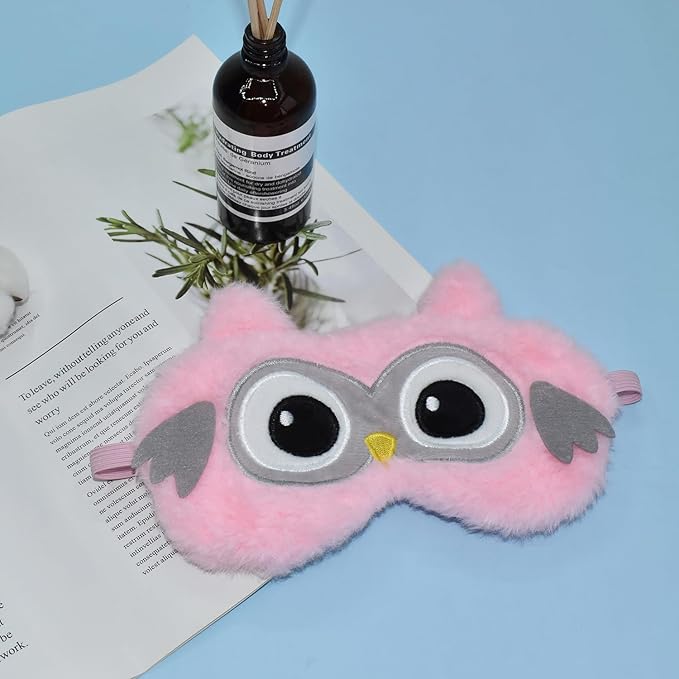 Cute Owl Plush Sleep Mask - Funny Lovely Animal Soft Fluffy Eye Cover Blindfold Shade for Kids Girls and Adult Travel - Pink