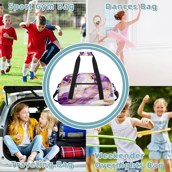 Gym Bag for Women Men, Purple And Gold Marble Travel Duffle Bags for Dance Ballet Overnight, Carry-On Weekender Bag with Detachable Shoulder Strap