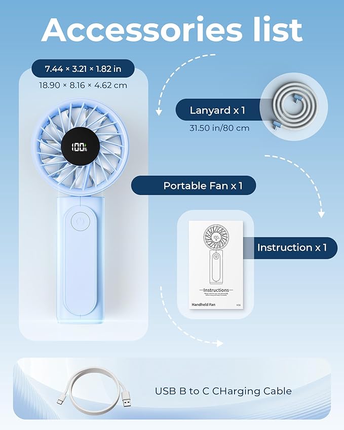 Portable Fan, 4000mAh Rechargeable, 180° Foldable Mini Desk Fan with 6 Wind Speed, LCD Digital Display, Lanyard as Neck Fan, Ultra Quiet, Pocket Size for Indoor Outdoor