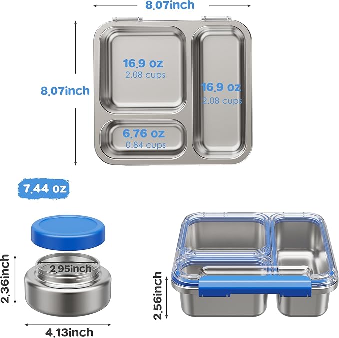 Stainless Steel Bento Box Kids Adult with 7oz Insulated Food Jar, Transparent Lid Metal Lunch Box With Soup Thermal Jar, Lunch Box Container with Removable Divider & Sauce Cup School (Blue)