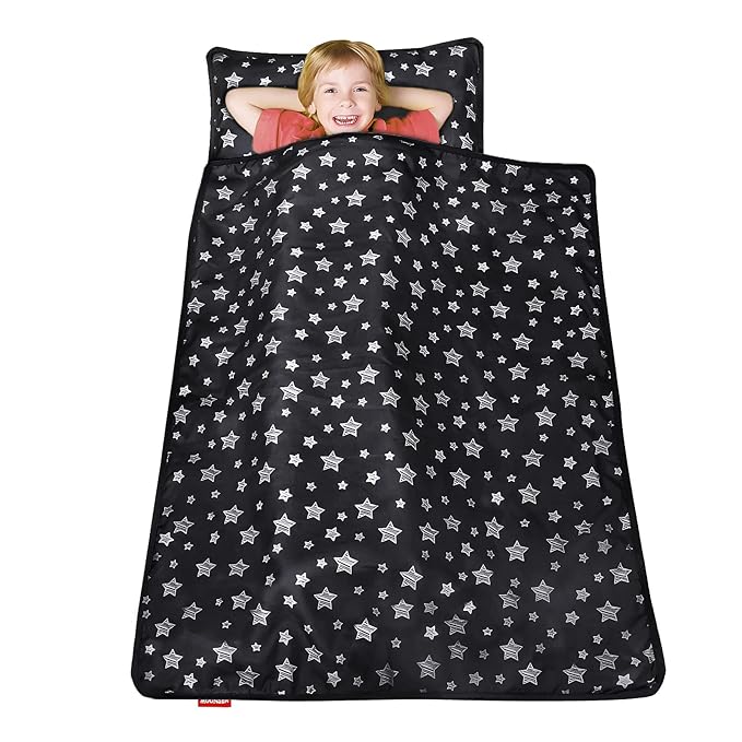 Toddler Sleeping Bag Nap Mat Black with Fleece Blanket, Lightweight, Soft Perfect for Toddlers Preschool, Daycare, Travel Sleeping Bag Boys Girls, 21" x 50" Fit Standard Cot