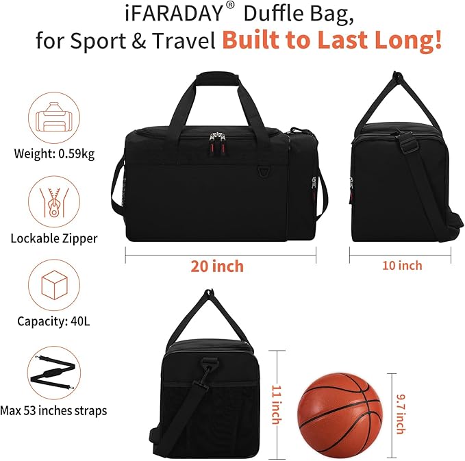 iFARADAY 40L Gym Bag for Men - 20 inch Sport Duffle Bag with Side Pocket, Two-Tone Design for Basketball, Football, Workout - Camo
