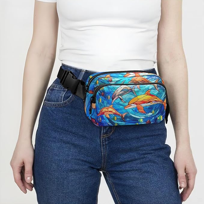 Stained Glass Printed Sea Dolphin Fanny Pack for Women Men Water Resistant Fashion Waist Packs with Adjustable Strap Belt Bag for Travel Workout Jogging Hiking 21219623