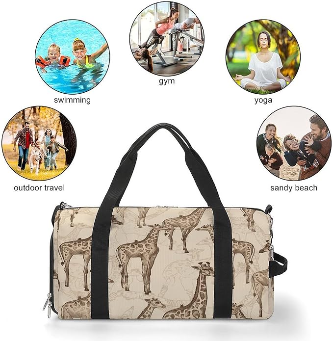 Oxford Cloth Hand Drawn Giraffes Gym Bag,Duffle Bag with Shoes Compartment And Adjustable Shoulder Straps,Weekender Bags for Men Women.