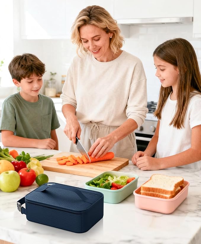 HowFly Small Lunch Bag - Insulated Lunch Box Bag for Women Men - Portable Thermal Reusable Meal Cooler Bags with Buckle Handle for Work School - Navy Blue