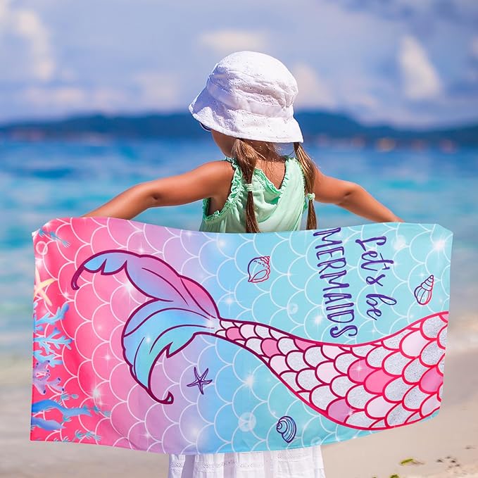 LIVILAN Mermaid Tail Beach Towel, 30” x 60”, Cute Microfiber, Quick Dry, Absorbent, Sand Free, Lightweight for Girls, Kids, Ideal for Pool, Travel, Bath, Unique Mermaid Gifts