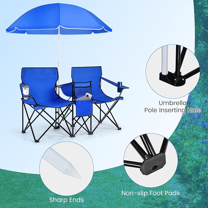 KOTEK Double Camping Chair, Folding Camp Chair with Removable Umbrella, Cup Holders, Cooler Bag, Side Pocket & Carry Bag, 2-Person Beach Chair for Outdoor, Sports, Concerts, Travel, Picnic (Blue)