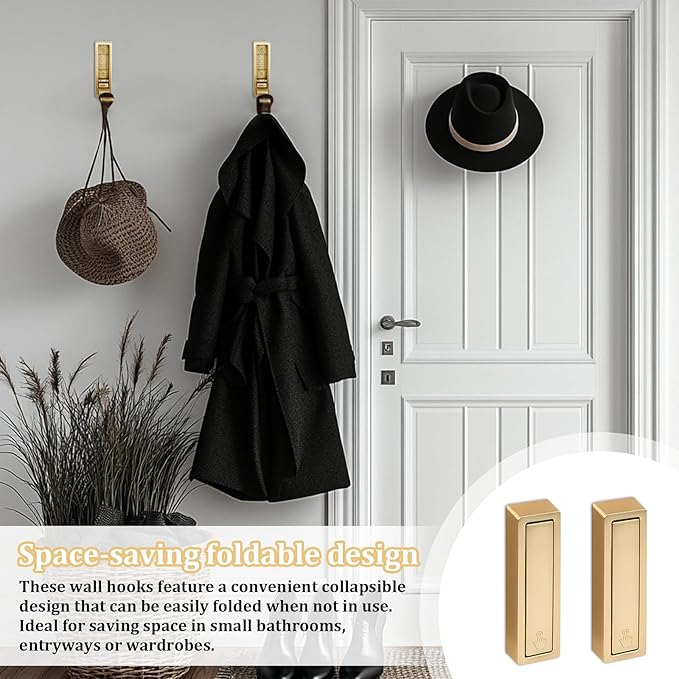 2pack Gold Foldable Wall Hooks, Folding Coat Hooks Wall Mounted, Foldable Plant Hanger, Gold Coat Rack Wall Mount (2, Square)