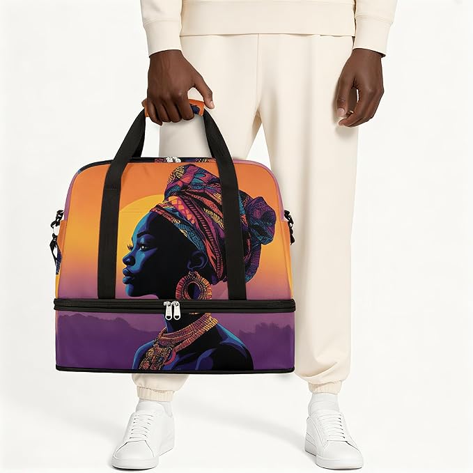 Foldable Travel Duffel Bag for Women - Carry on Personal Item Bag with Shoes Compartment, Weekender Overnight Duffle Bags Sport Tote Gym Luggage for Airplanes(Traditional African woman)