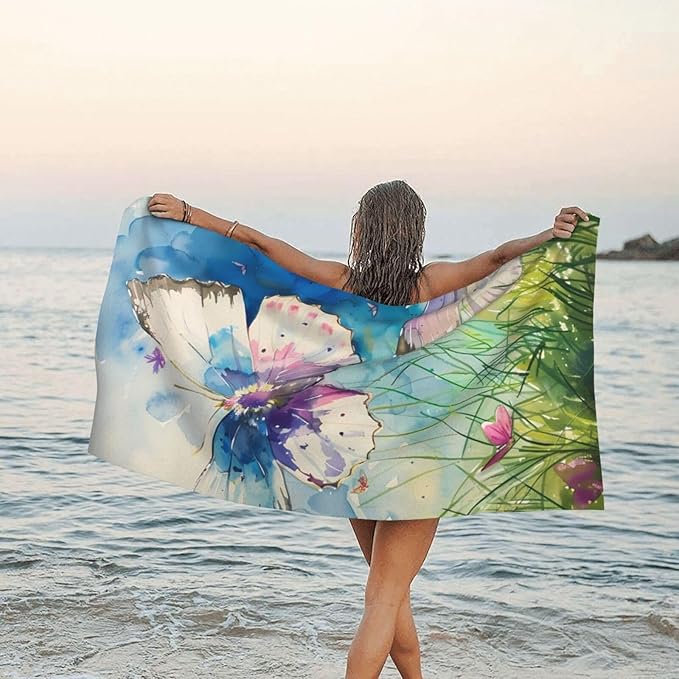 Butterflies On Blue Sand Free Beach Towel – 27.5"X55" Quick Dry Microfiber Beach Towels for Travel, Swimming, Pool, and Camping, Absorbent and Compact Beach Essential for Women, and Men
