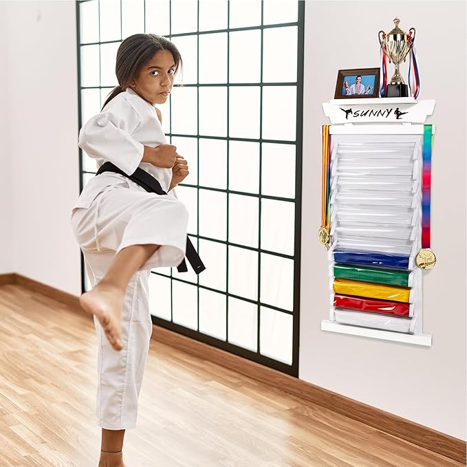 Tilhumt 10/12 Belts Karate Belt Display Rack with Photo Shelf, Felt Taekwondo Belt Display Rack Martial Arts Belt Display for Adults TKD, BJJ