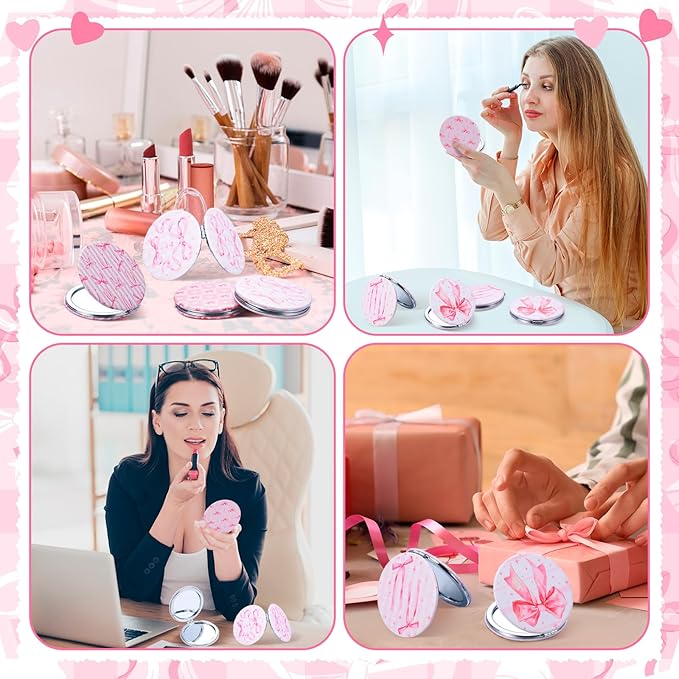 Weysat 9 Pcs Coquette Pink Bow Compact Mirrors Double Sided Magnifying Makeup Mirrors with PU Leather Case Portable Round Pocket Mirror for Women Girls for Mother's Day Travel Bathroom Wedding Gifts