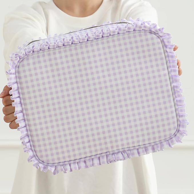 Gingham Ruffle Makeup Bag,Large Travel Cute Cosmetic Bag for Women Girls,Toiletry Bag Make up Organizer 10.8 x 4.5 x 8 inch (Purple Gingham)