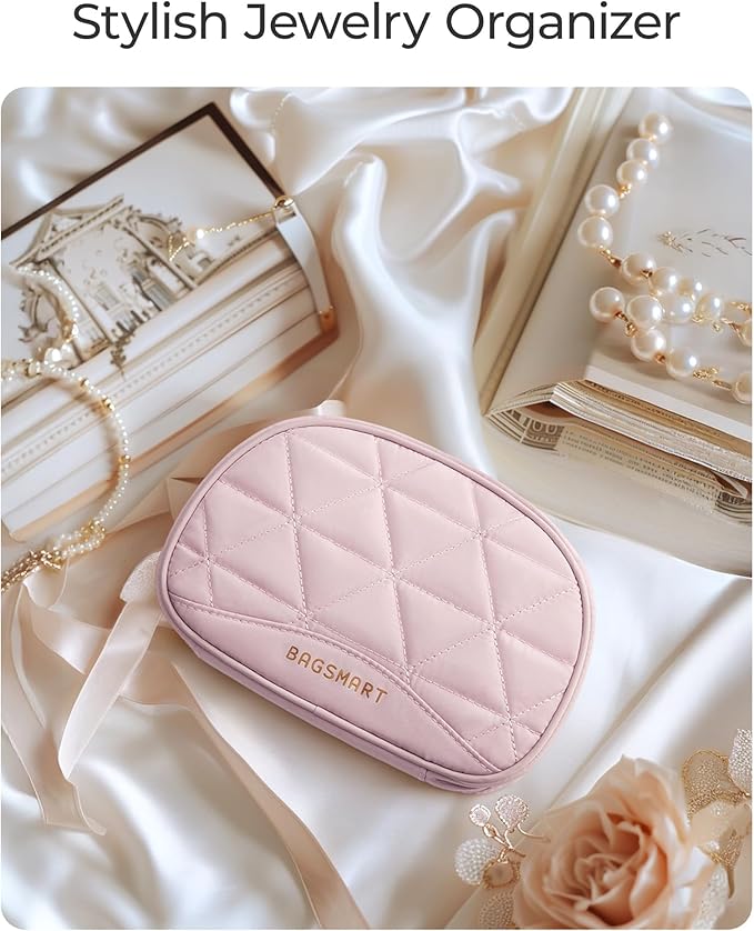 BAGSMART Travel Jewelry Case Jewelry Organizer Storage Roll Rings Necklaces Earrings Bracelets Brooches Watch Small Portable Light Pink