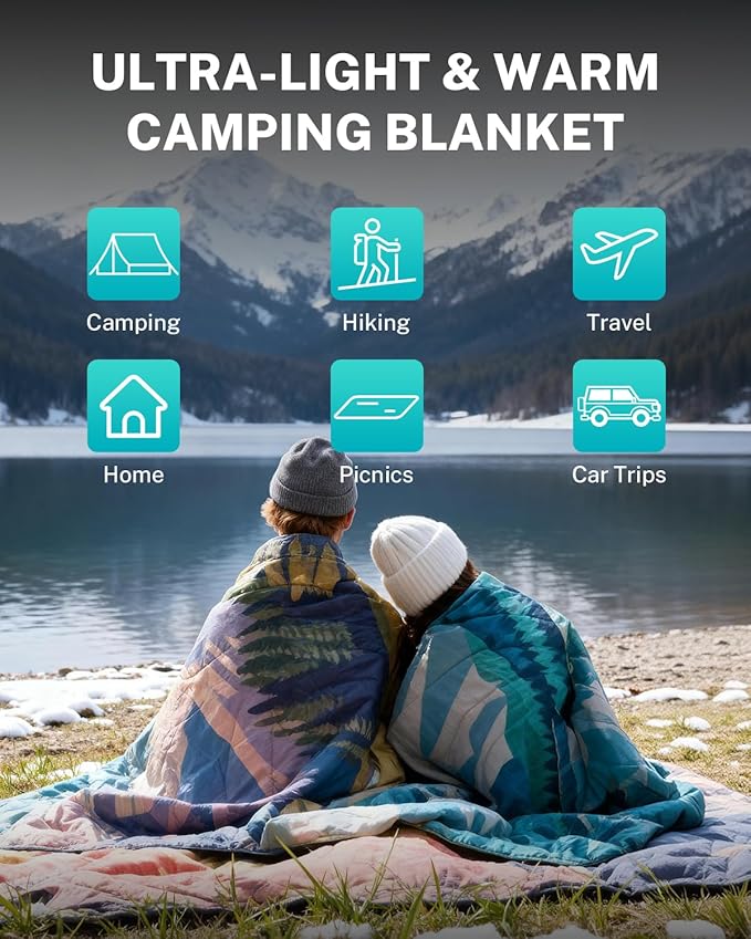 Gonex Camping Blanket with Aero-Warmth Tech Layer, Puffy Printed Packable Blanket Ultralight & Warm Wearable Water-Resistant Quilt for Outdoor, Camping, Hiking, Travel, Picnics 79" X 55" (Iceberg)