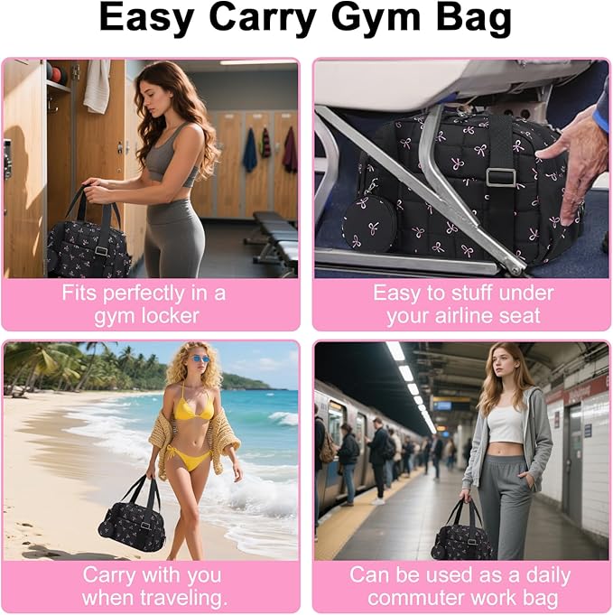 CAMTOP Mini Gym Bag for Women, Small Gym Tote Bag Puffy Quilted Sports Duffel Bag with Wet Compartment and Coin Purse Duffel Bags Dance Yoga Workout Bag for Gifts (Black Pink Bow, Mini-12.6")