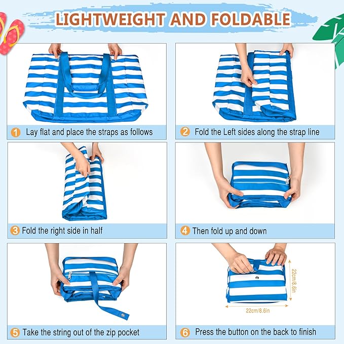 Extra Large Beach Bags for Women, Waterproof Sandproof Beach Tote Bag Foldable Swim Pool Bag with Zipper and Wet Pocket