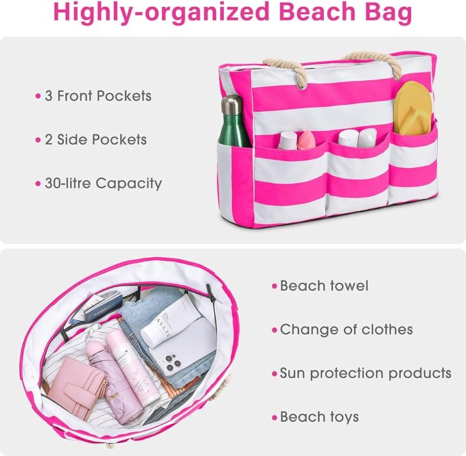 Becokan Beach Bags for Women Canvas Large Beach Tote Bag Zipper Waterproof Sandproof Foldable Swim Pool Bag with 7 Pockets