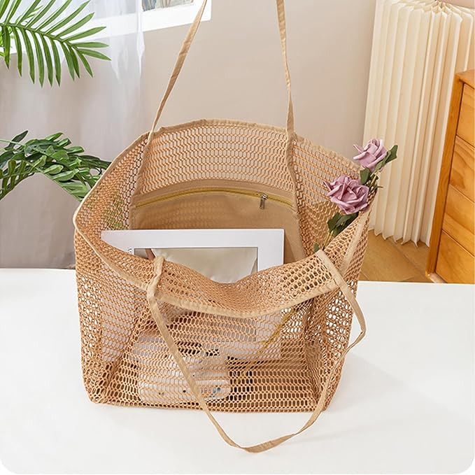 Large Beach Bags for Women, Mesh Beach Tote with Zipper, Foldable Pool Tote Bag Travel Beachbag Waterproof Sandproof