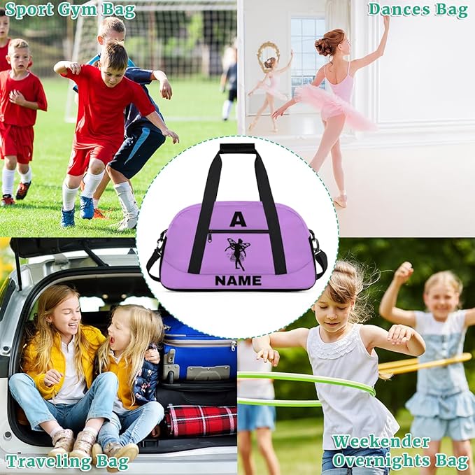 Personalize-Kids-Sports-Duffel-Bags With Custom Name Text Carry-On Overnight Travel Gym Lightweight Dance Pattern Sports Bags For Girls Boys Kids,Lilac