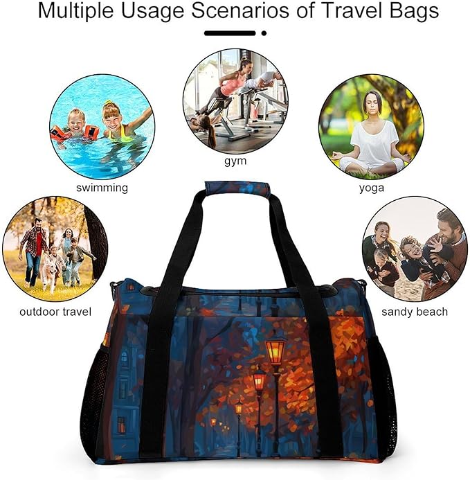 Autumn Path with Streetlights Duffle Bag Gym Bag for Workout Travel Tote with Detachable Straps