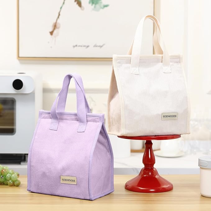 TELLUMO Corduroy Lunch Bag for Women Men Cute Lunch Bag Insulated Lunch Box with Large Capacity (7.5L) Reusable Lunchbag for Work, Picnic, Beach or Travel (S- Corduroy Purple)