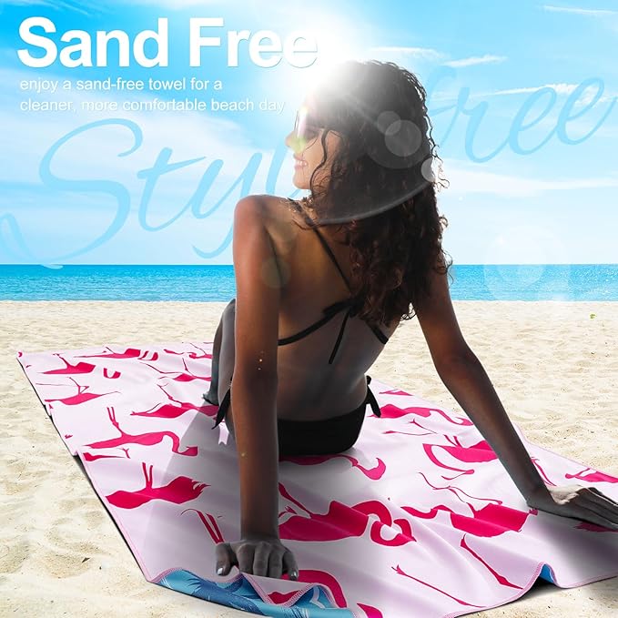 2 Packs Lightweight Thin Microfiber Beach Towel Oversized Quick Dry Compact Sandproof Clearance Towels Sand Free Camping Swimming Pool Travel Accessories Essentials Women Adults Little Turtle Flamingo