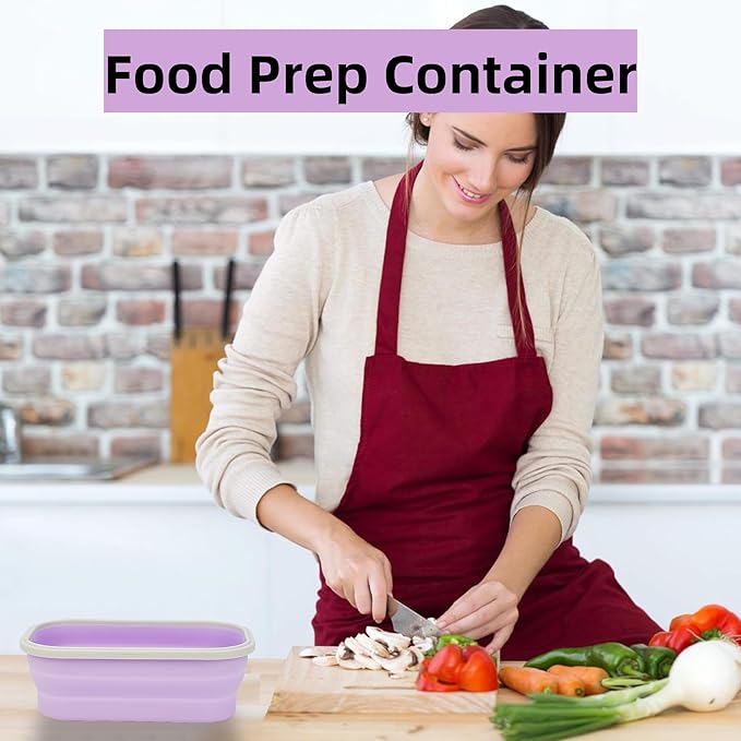 Collapsible Silicone Lunch Box with Lid and Spork, Leakproof Foldable Bento Box for Meal Prep, Travel, Camping, Microwave and Dishwasher Safe, 8.1 x 5.1 x 2.8 inches, Purple