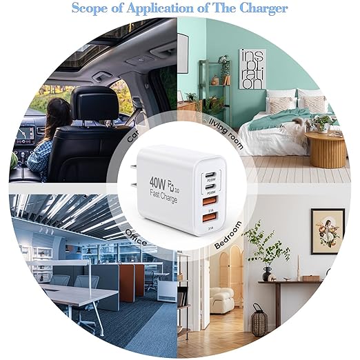 USB C Wall Fast Charger Block,40W 4-Port Type C Fast Charging Dual Type C+Dual USB-A Plug Multiport Charger Brick for iPhone 17/16/15/14/13/12 Pro Max, iPad, Galaxy